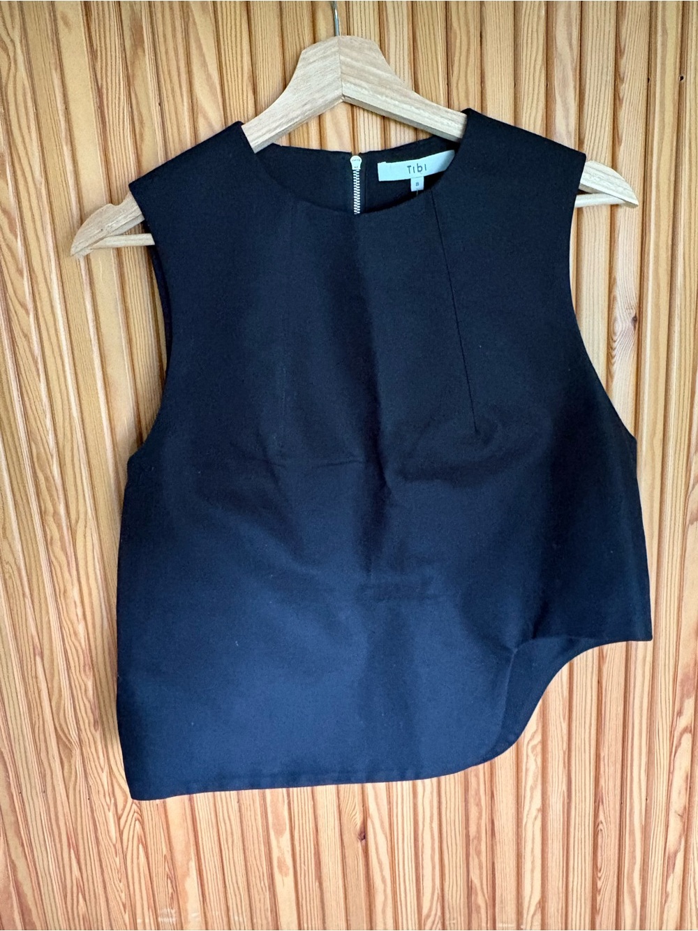 Tibi Black Asymmetric Sleeveless Top with Crew Neck